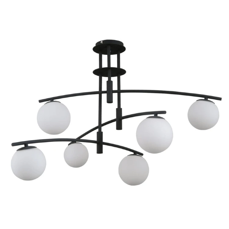 Nowoczesna lampa sufitowa SENAI 6×G9 marki Italux to efektowne oświetlenie do salonu i jadalni. Czarne, wygięte ramiona oraz białe szklane kule tworzą elegancką kompozycję. Wymiary lampy: 91,5 × 58,5 cm.