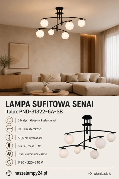 Nowoczesna lampa sufitowa SENAI 6×G9 marki Italux to efektowne oświetlenie do salonu i jadalni. Czarne, wygięte ramiona oraz białe szklane kule tworzą elegancką kompozycję. Wymiary lampy: 91,5 × 58,5 cm.