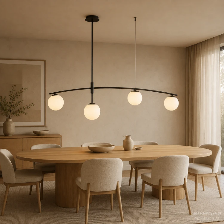 Nowoczesna lampa SENAI 4×G9 Italux z białymi kulami to efektowne oświetlenie salonu i jadalni. Czarna konstrukcja o szerokości 110 cm pasuje do wnętrz minimalistycznych, loftowych oraz modern classic
