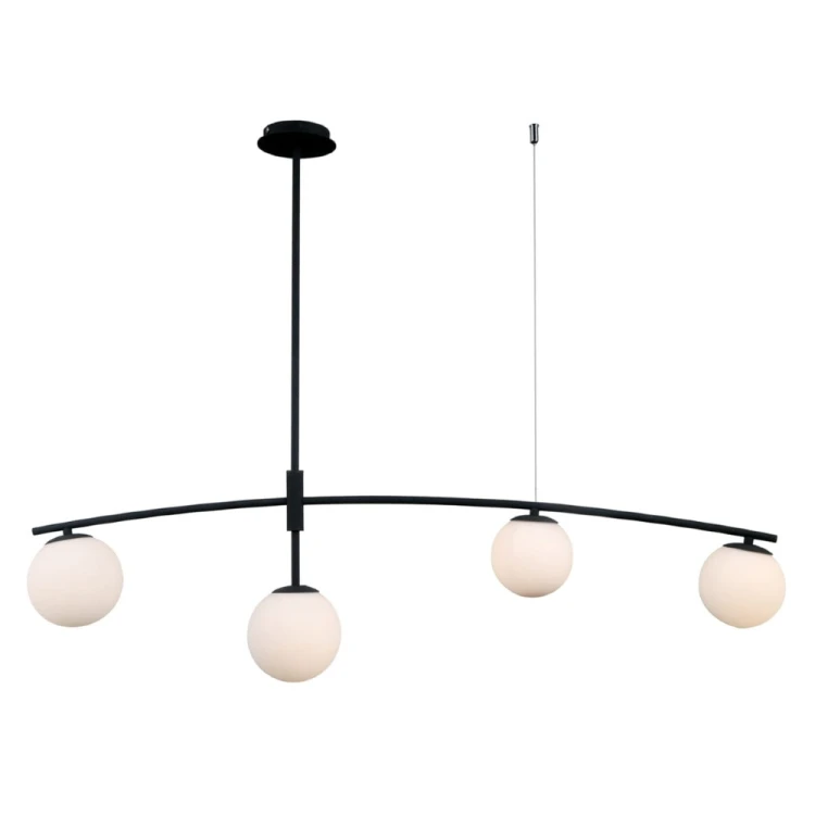 SENAI Italux PND-31322-4A-SB to lampa sufitowa z 4 białymi kulami i czarnym, wygiętym ramieniem. Model na żarówki G9 sprawdzi się jako nowoczesne oświetlenie jadalni, salonu, sypialni albo gabinetu.