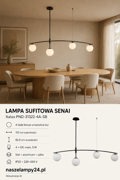 Czarna lampa sufitowa z kulistymi kloszami SENAI Italux ma 110 cm szerokości i 82,5 cm wysokości. Cztery białe szklane kule równomiernie rozpraszają światło. Idealna lampa nad stół, wyspę lub barek.
