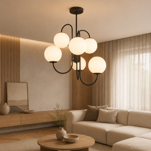 Czarna lampa sufitowa GELA 6×G9 marki Italux ma 56 cm średnicy i 79 cm wysokości. Białe szklane kule łagodnie rozpraszają światło, a wygięte ramiona nadają lampie nowoczesną, przestrzenną formę.