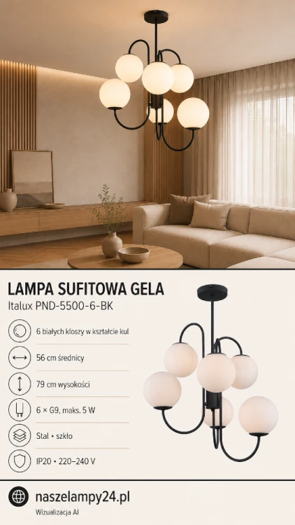 GELA Italux to nowoczesna lampa z 6 białymi kulami i czarną, dekoracyjnie wygiętą konstrukcją. Sprawdzi się jako główne oświetlenie salonu, jadalni lub sypialni. Model wykorzystuje wymienne żarówki G9 do 5 W.