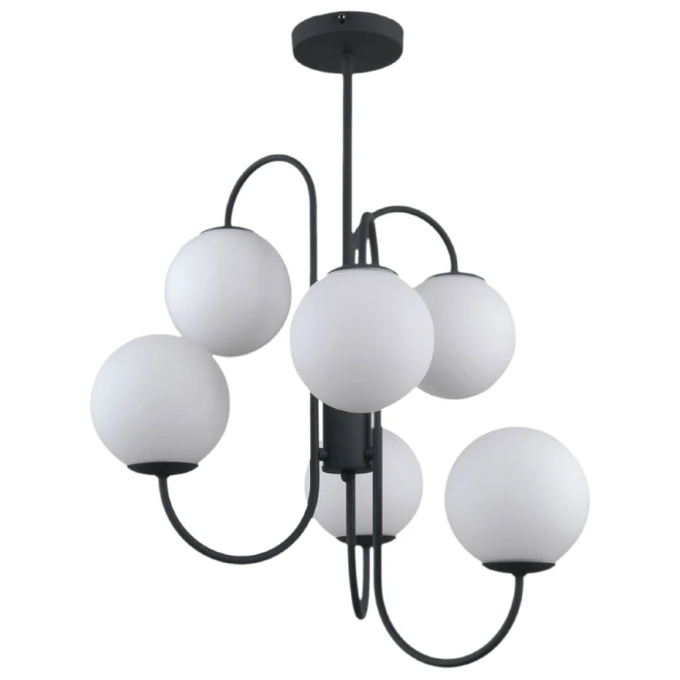 Lampa GELA Italux PND-5500-6-BK przyciąga uwagę sześcioma kulistymi kloszami z białego szkła. Czarna konstrukcja o średnicy 56 cm pasuje do wnętrz nowoczesnych, minimalistycznych, loftowych i modern classic.