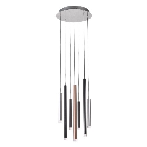 Lampa wisząca LED Italux MD17077-7A z 7 smukłymi tubami tworzy nowoczesną, kaskadową kompozycję. Moc 28 W, 2553 lm i ciepła barwa 3000 K sprawdzą się w wysokim holu, na antresoli, nad schodami lub w salonie.