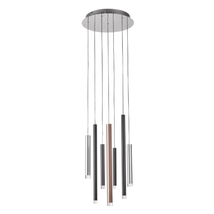 Lampa wisząca LED Italux MD17077-7A z 7 smukłymi tubami tworzy nowoczesną, kaskadową kompozycję. Moc 28 W, 2553 lm i ciepła barwa 3000 K sprawdzą się w wysokim holu, na antresoli, nad schodami lub w salonie.