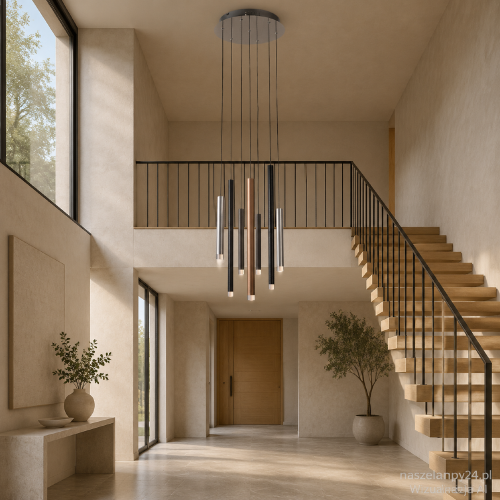 Nowoczesna lampa wisząca Italux z 7 tubami LED to efektowne oświetlenie na antresolę i do wysokiego wnętrza. Model MD17077-7A ma 150 cm wysokości, moc 28 W, strumień 2553 lm oraz funkcję ściemniania.
