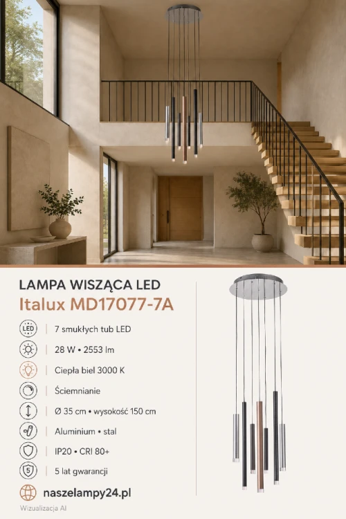 Kaskadowa lampa LED Italux MD17077-7A łączy 7 metalowych tub z ciepłym światłem 3000 K. Smukła forma o wysokości 150 cm doskonale prezentuje się nad schodami, w wysokim holu, salonie lub przestronnej jadalni.
