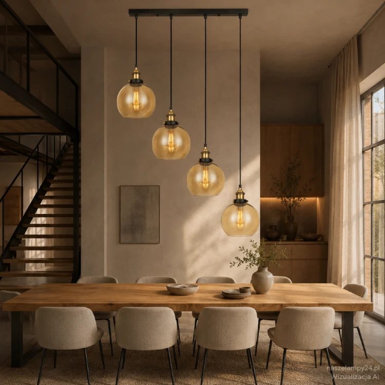 CARDENA Italux to lampa wisząca z czterema bursztynowymi kloszami i czarno-złotą oprawą. Długość 71 cm sprawia, że świetnie pasuje nad stół lub wyspę. Wysokość do 120 cm można skrócić podczas montażu.