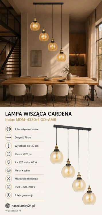 Lampa retro CARDENA 4×E27 marki Italux łączy bursztynowe szkło z czarnymi i złotymi detalami. Kaskadowy układ kloszy tworzy przytulne oświetlenie jadalni, salonu lub kuchni. Idealna lampa nad stół i barek.