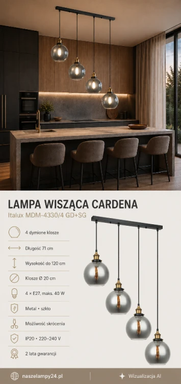 Lampa retro CARDENA 4×E27 marki Italux zachwyca dymionym szkłem i czarno-złotą oprawą. Cztery kule w kaskadowym układzie tworzą nastrojowe oświetlenie kuchni, jadalni lub salonu. Idealna nad stół i barek.