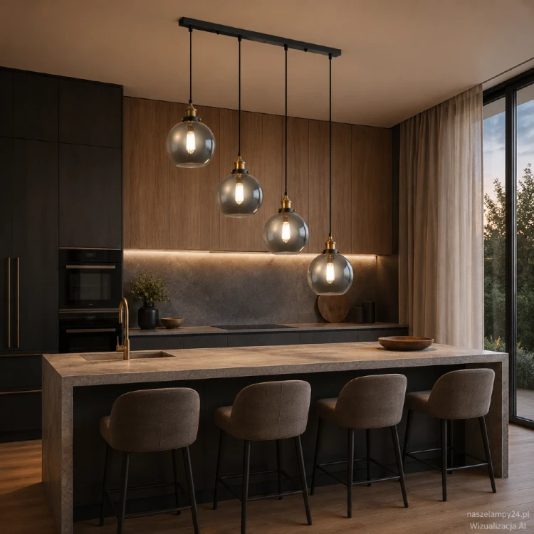 CARDENA Italux to lampa wisząca z czterema dymionymi kloszami i złotymi detalami. Długość 71 cm sprawia, że świetnie pasuje nad stół lub wyspę. Maksymalną wysokość 120 cm można skrócić podczas montażu.