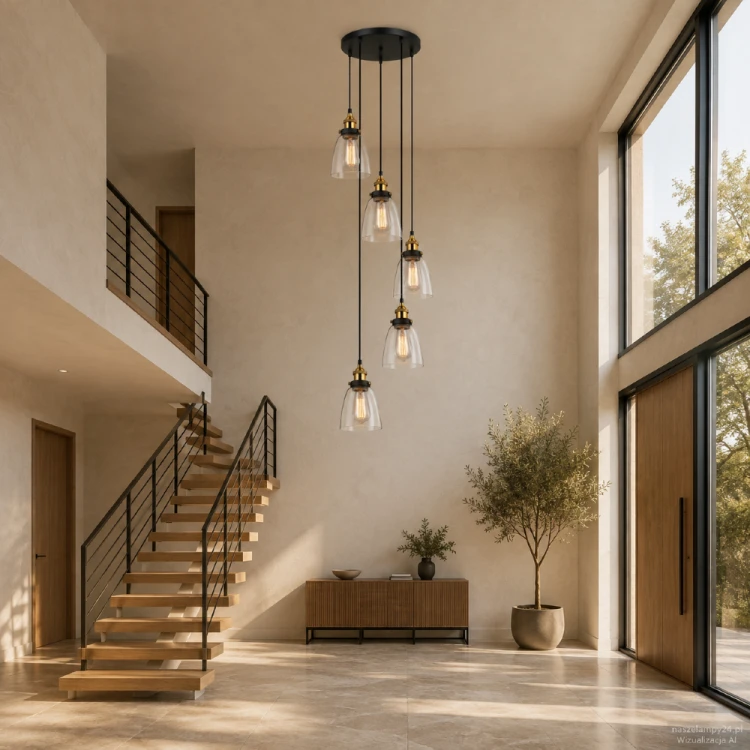 Lampa sufitowa FRANCIS Italux z 5 szklanymi kloszami to stylowe oświetlenie do wysokich wnętrz. Czarna podsufitka, złote detale i regulowane przewody pasują do aranżacji loftowych, industrialnych oraz retro.