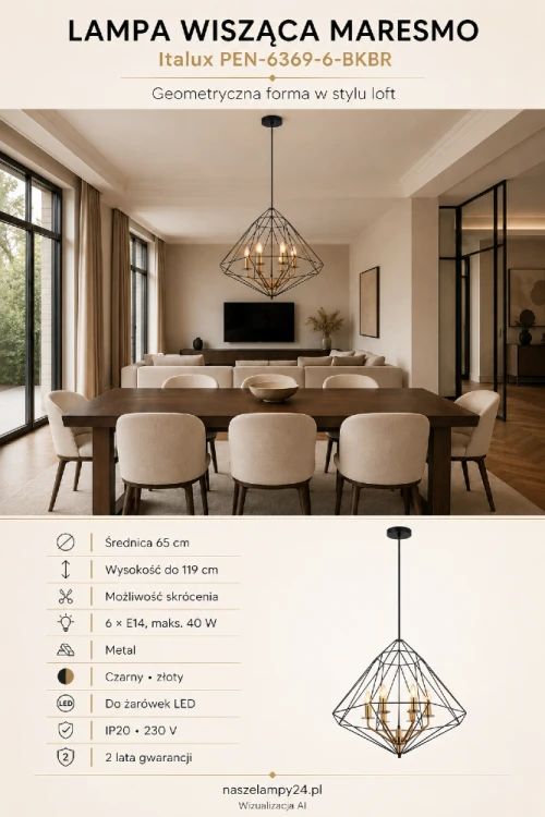 MARESMO Italux to efektowna lampa loftowa z geometrycznym kloszem i sześcioma złotymi ramionami. Średnica 65 cm i regulowana wysokość do 119 cm sprawiają, że doskonale pasuje nad duży stół w jadalni albo wyspę kuchenną.
