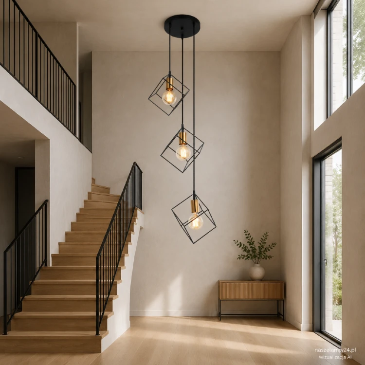Czarno-złota lampa kaskadowa MORESTEL MDM-4244/3 BK+BRO ma trzy ażurowe klosze i oprawki E27. Geometryczna forma podkreśli loftowe wnętrze salonu, jadalni lub holu. Wysokość zawieszenia można skrócić.