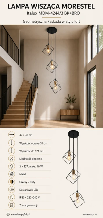 MORESTEL Italux to loftowa lampa wisząca z trzema pochylonymi kloszami w formie metalowych sześcianów. Złote oprawki i czarne przewody tworzą efektowną kaskadę nad schody, do salonu, holu albo na antresolę.
