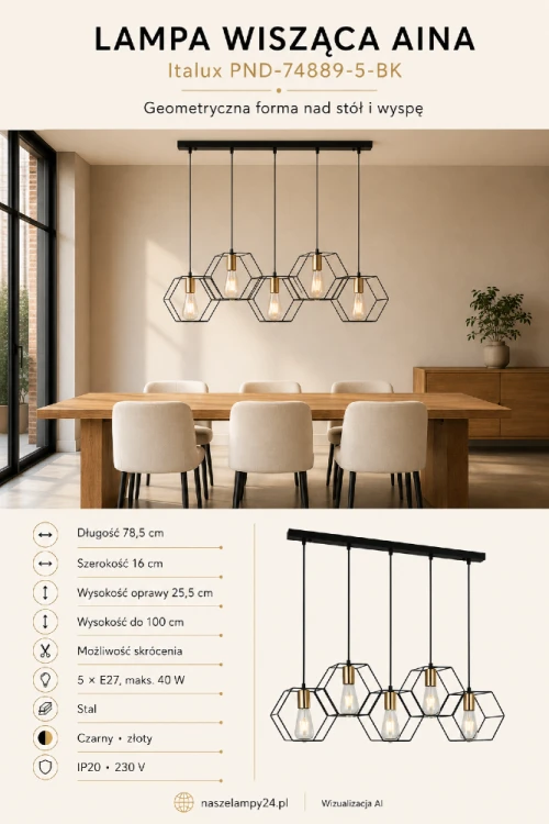 AINA Italux to designerska lampa wisząca 5xE27 z połączonymi geometrycznymi kloszami. Długość 78,5 cm zapewnia dobre oświetlenie stołu lub wyspy kuchennej, a połączenie czerni i złota pasuje do wnętrz loftowych.