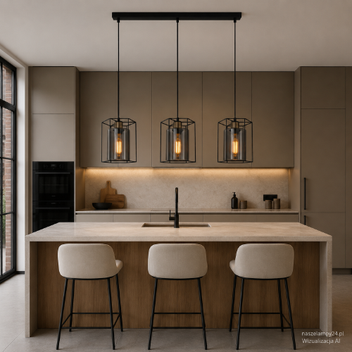 Czarna lampa sufitowa KALULA PND-78901-3-BK+SG ma trzy dymione szklane klosze w metalowych osłonach. Loftowa forma pasuje do kuchni, jadalni i salonu. Model 3xE27 można skrócić z maksymalnej wysokości 94,5 cm.
