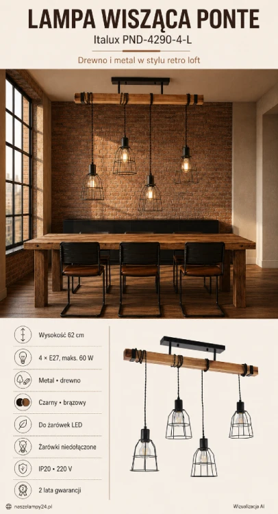 PONTE PND-4290-4-L to drewniana lampa wisząca z czterema czarnymi kloszami. Przewody owinięte wokół belki podkreślają styl retro i industrialny. Idealna do jadalni, kuchni lub loftowego salonu.