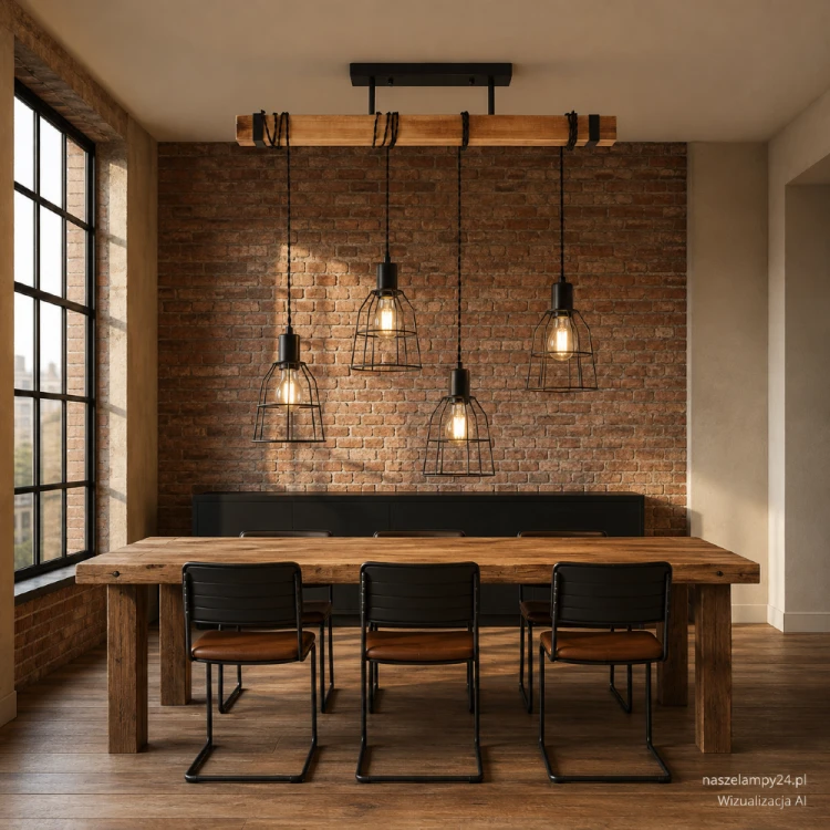 Loftowa lampa sufitowa PONTE 4xE27 marki Italux zachwyca połączeniem drewna i czarnego metalu. Cztery źródła światła efektownie oświetlą duży stół lub wyspę kuchenną. Odpowiednia do żarówek LED.