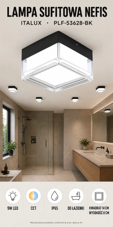 Plafon LED NEFIS Italux w kolorze czarnym ma moc 9W, funkcję CCT i stopień ochrony IP65. Kompaktowa, kwadratowa oprawa sufitowa 14 cm jest dobrym wyborem do łazienki oraz innych wnętrz narażonych na wilgoć.