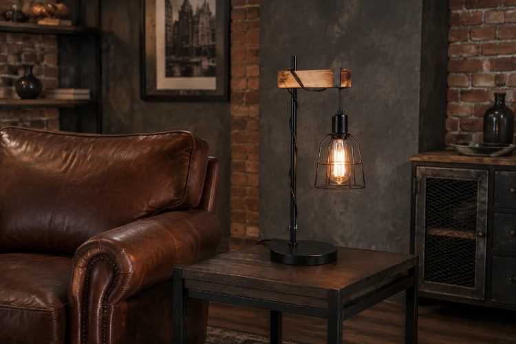 Nowoczesna lampa stołowa PONTE z metalem i drewnem to idealny wybór do wnętrz loft i scandi. Otwarty klosz podkreśla dekoracyjną żarówkę i tworzy przytulne światło.