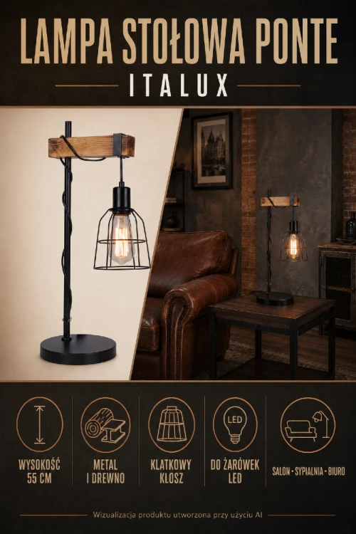 Nowoczesna lampa stołowa PONTE z metalem i drewnem to idealny wybór do wnętrz loft i scandi. Otwarty klosz podkreśla dekoracyjną żarówkę i tworzy przytulne światło.