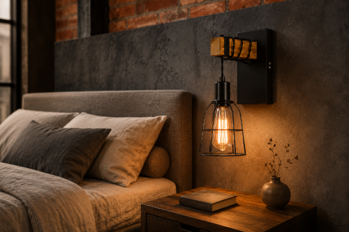 Czarny kinkiet PONTE z drewnem to dekoracyjne oświetlenie ścienne w stylu retro i industrialnym. Otwarty klosz, gwint E27 oraz możliwość użycia LED sprawiają, że lampa pasuje obok łóżka, fotela, komody lub w korytarzu.