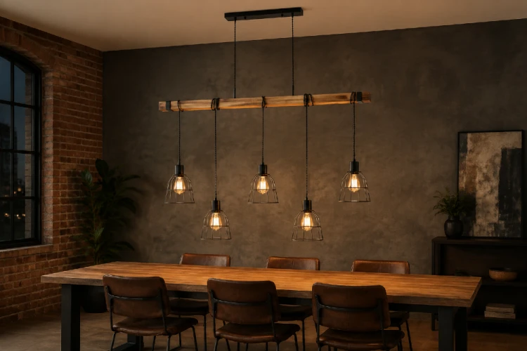 PONTE Italux to loftowa lampa wisząca z pięcioma źródłami światła E27. Drewniana belka, czarne przewody i klatkowe klosze podkreślają styl retro. Model o długości 100 cm pasuje nad stół w jadalni lub wyspę w kuchni.