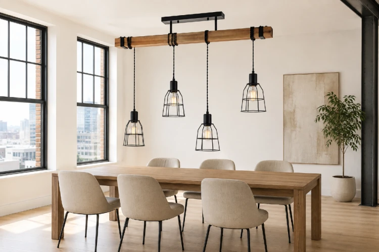 Loftowa lampa sufitowa PONTE 4xE27 marki Italux zachwyca połączeniem drewna i czarnego metalu. Cztery źródła światła efektownie oświetlą duży stół lub wyspę kuchenną. Odpowiednia do żarówek LED.