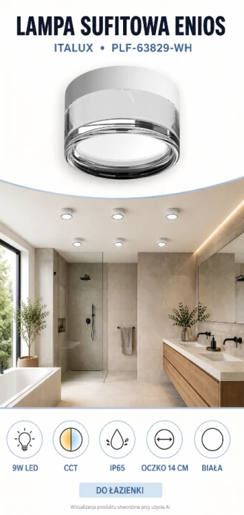 ENIOS PLF-63829-WH to kompaktowa lampa łazienkowa LED 9W z funkcją CCT. Okrągła oprawa o średnicy 14 cm ma stopień ochrony IP65, dlatego jest dobrym wyborem do pomieszczeń narażonych na wilgoć i pył.