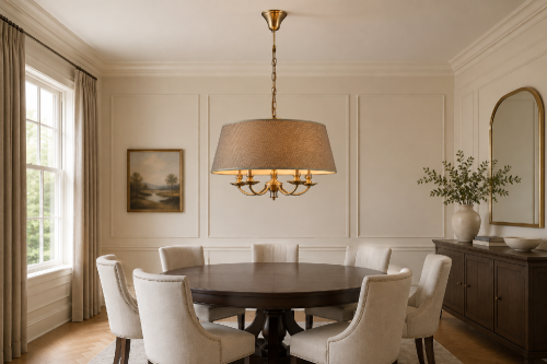 ZANOBI PND-43272-5A to elegancki żyrandol Italux z pięcioma źródłami światła E14. Antyczny brąz i szary abażur tworzą stylowe oświetlenie nad stół oraz do salonu, jadalni, gabinetu i klasycznej sypialni.