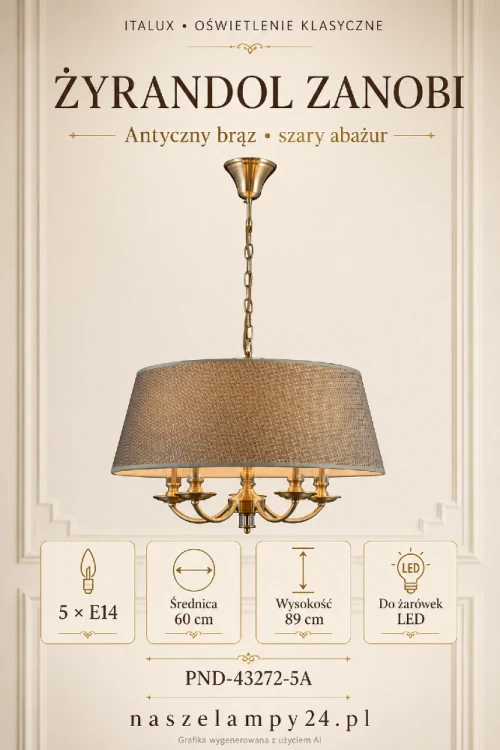 Klasyczny żyrandol ZANOBI 5×E14 marki Italux zachwyca konstrukcją w kolorze antycznego brązu i dużym, szarym abażurem. Lampa o średnicy 60 cm pasuje do eleganckiego salonu, jadalni, sypialni oraz reprezentacyjnego holu.