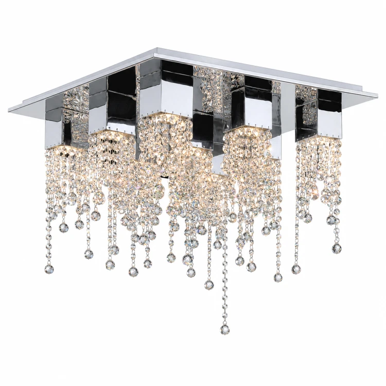 Kryształowa lampa sufitowa Italux MX93708-9B w kolorze chromu. Dziewięć punktów światła GU10, wymiary 56 × 56 cm i wysokość 36 cm. Efektowne oświetlenie do salonu, jadalni, sypialni lub holu w stylu glamour.