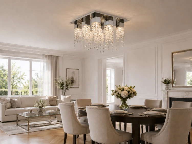 Nowoczesna lampa kryształowa Italux MX93708-9B łączy chromowany metal, szkło i dziewięć źródeł światła GU10. Kwadratowa oprawa 56 × 56 cm stanowi efektowną dekorację wnętrz glamour, eleganckich i nowoczesnych.
