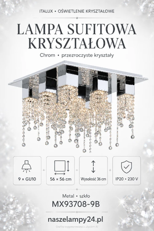 Lampa sufitowa Italux 9×GU10 z chromowaną podstawą i przezroczystymi kryształami. Model MX93708-9B o wymiarach 56 × 56 cm pięknie rozświetli nowoczesny salon, jadalnię, sypialnię oraz elegancki hol.