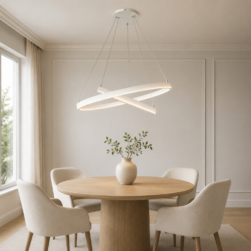 Nowoczesna lampa pierścieniowa JOVITA Italux w białym kolorze. Dwa przecinające się okręgi Ø60/40 cm tworzą efektowną dekorację nad stołem. LED 74 W, 4070 lm, ciepła barwa 3000 K, CRI >80 i możliwość regulacji jasności.