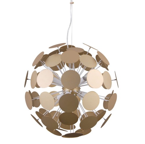 Złota lampa wisząca MAILONE Italux AD20180/6D GD o kulistej konstrukcji z dekoracyjnych metalowych dysków. Efektowny żyrandol do salonu, jadalni lub nad stół. Średnica 50 cm, wysokość do 120 cm, 6 × E14 40 W. Żarówki sprzedawane osobno.