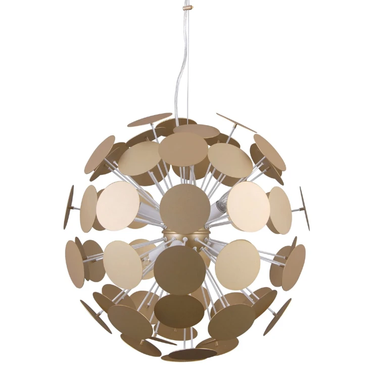 Złota lampa wisząca MAILONE Italux AD20180/6D GD o kulistej konstrukcji z dekoracyjnych metalowych dysków. Efektowny żyrandol do salonu, jadalni lub nad stół. Średnica 50 cm, wysokość do 120 cm, 6 × E14 40 W. Żarówki sprzedawane osobno.