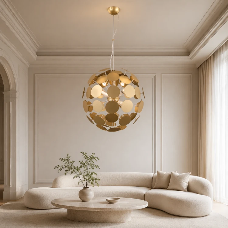 Nowoczesny złoty żyrandol MAILONE marki Italux. Kulista stalowa oprawa efektownie odbija światło i zdobi salon, jadalnię lub hol. Lampa ma 50 cm średnicy, regulowaną wysokość do 120 cm oraz sześć oprawek E14. Żarówki należy dokupić osobno.