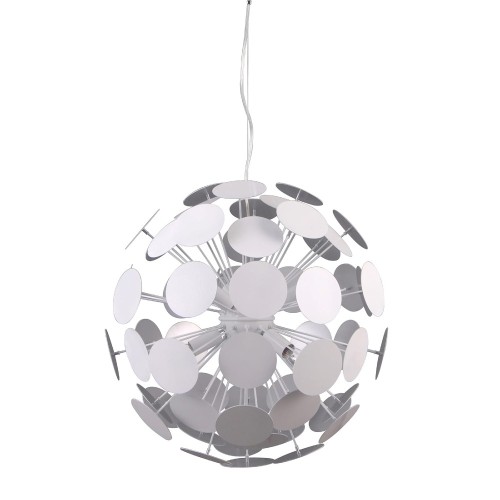 Lampa sufitowa MAILONE Italux w kolorze białym i srebrnym. Dekoracyjna stalowa konstrukcja, średnica 50 cm i 6 oprawek E14. Wysokość 120 cm można skrócić. Idealna do salonu, jadalni lub sypialni.