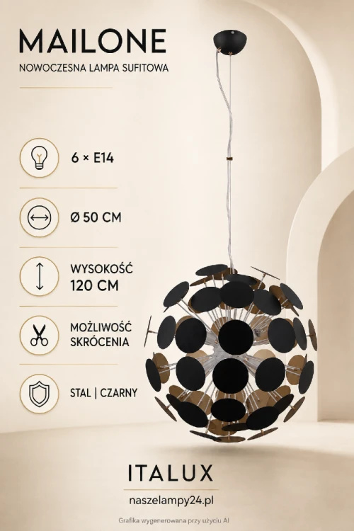 Lampa sufitowa MAILONE AD20180/6C BL+G marki Italux zachwyca nowoczesną, stalową konstrukcją w czarnym kolorze. Ma 6 oprawek E14, średnicę 50 cm i możliwość skrócenia wysokości. Idealna nad stół lub wyspę.