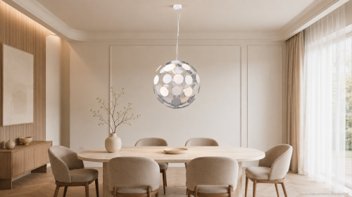 Nowoczesny żyrandol MAILONE Italux z 6 punktami światła E14. Biało-srebrna lampa o średnicy 50 cm doskonale sprawdzi się nad stołem, wyspą kuchenną lub w centralnej części salonu. Regulowana wysokość do 120 cm.