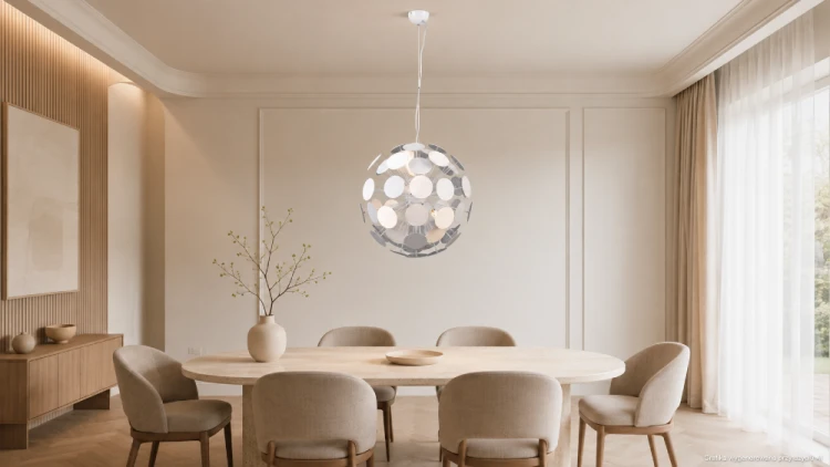 Nowoczesny żyrandol MAILONE Italux z 6 punktami światła E14. Biało-srebrna lampa o średnicy 50 cm doskonale sprawdzi się nad stołem, wyspą kuchenną lub w centralnej części salonu. Regulowana wysokość do 120 cm.