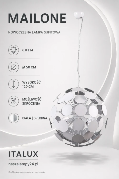 Biało-srebrna lampa sufitowa MAILONE AD20180/6 WH+SILV marki Italux. Oryginalna forma, stalowa konstrukcja i 6 oprawek E14 tworzą efektowne oświetlenie do salonu, jadalni, sypialni oraz przestronnego holu.