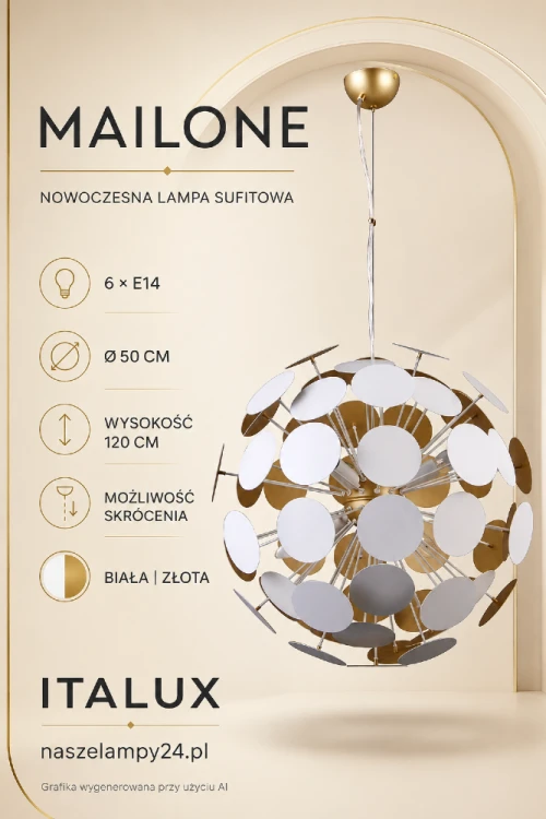 Biało-złota lampa sufitowa MAILONE AD20180/6B WH+GD marki Italux. Oryginalna forma, stalowa konstrukcja i 6 oprawek E14 tworzą efektowne oświetlenie do salonu, jadalni, sypialni lub przestronnego holu.