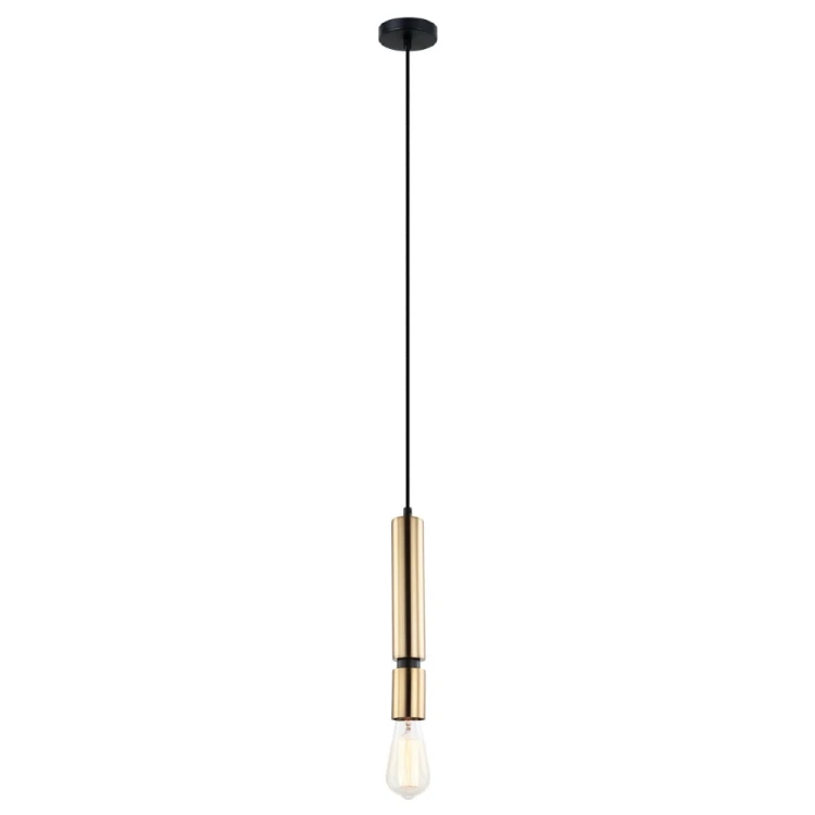 Mosiężno-czarna lampa wisząca TORLA Italux została wykonana ze stali. Ma średnicę 10 cm, klosz o wysokości 35,5 cm i regulowaną wysokość do 105,5 cm. Odpowiednia do żarówek LED i energooszczędnych.