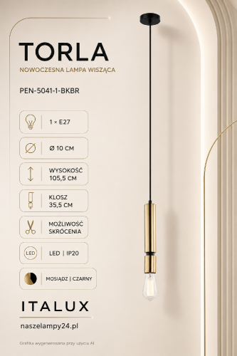 Nowoczesna lampa sufitowa TORLA Italux z oprawką E27. Mosiężne wykończenie i czarne detale pasują do eleganckich oraz loftowych wnętrz. Średnica 10 cm, wysokość 105,5 cm z możliwością skrócenia.