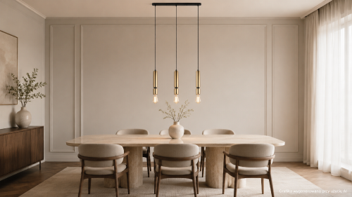 Nowoczesna lampa sufitowa TORLA PEN-5041-3-BKBR marki Italux. Trzy mosiężno-czarne oprawy E27 zapewniają równomierne oświetlenie stołu, wyspy kuchennej lub barku. Konstrukcja została wykonana ze stali.