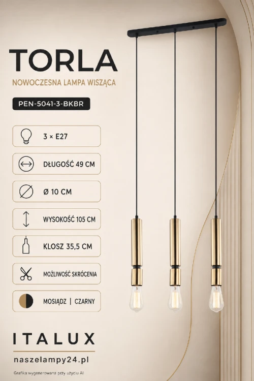 Mosiężno-czarna lampa wisząca TORLA Italux ma 3 punkty światła E27 ustawione w jednym rzędzie. Model o długości 49 cm i regulowanej wysokości do 105 cm doskonale pasuje do nowoczesnej kuchni, jadalni lub salonu.